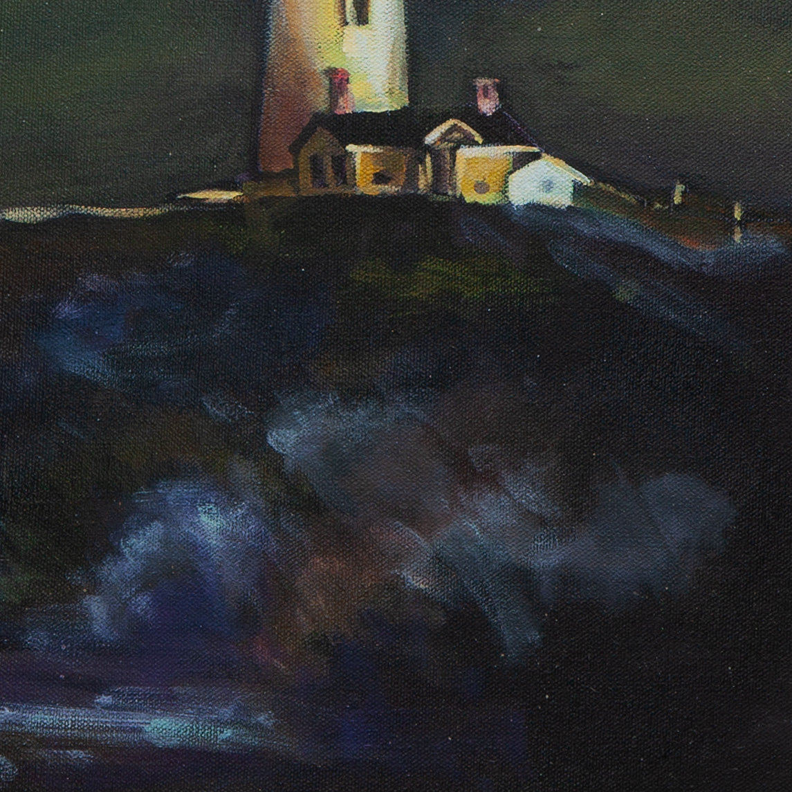 Detail of Pigeon Point Lighthouse with orange and blue reflections above a dark purple-blue cliff from When the Night Learnt to Dream, coastal art.
