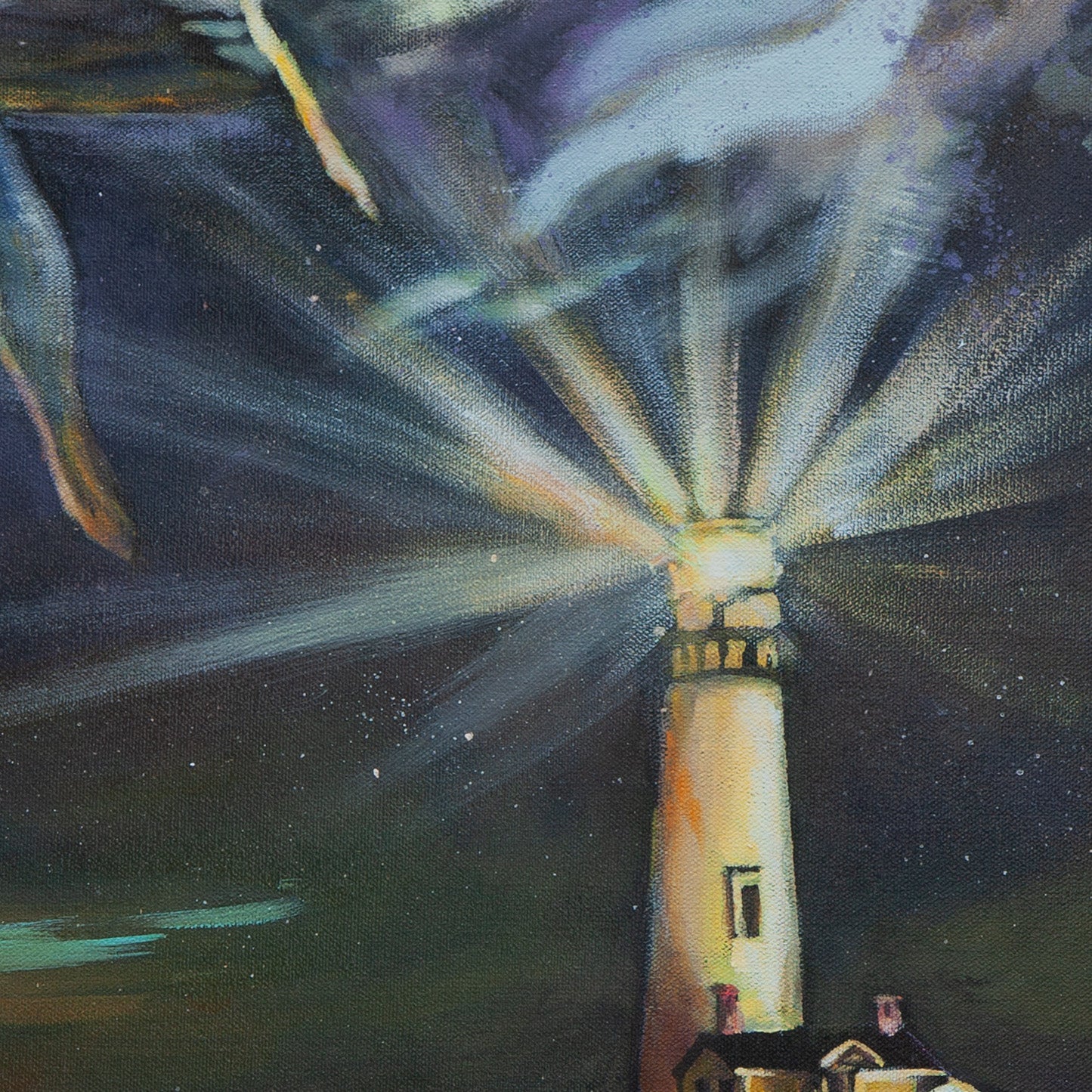 Detail of glowing lighthouse light shining across sky with part of whale and blue brushstrokes from When the Night Learnt to Dream, ocean artwork.