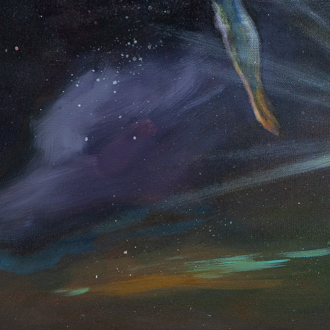 Close-up of dark orange and soft purple sky with light rays and a whale fin at the top from When the Night Learnt to Dream by Martina Goulart.