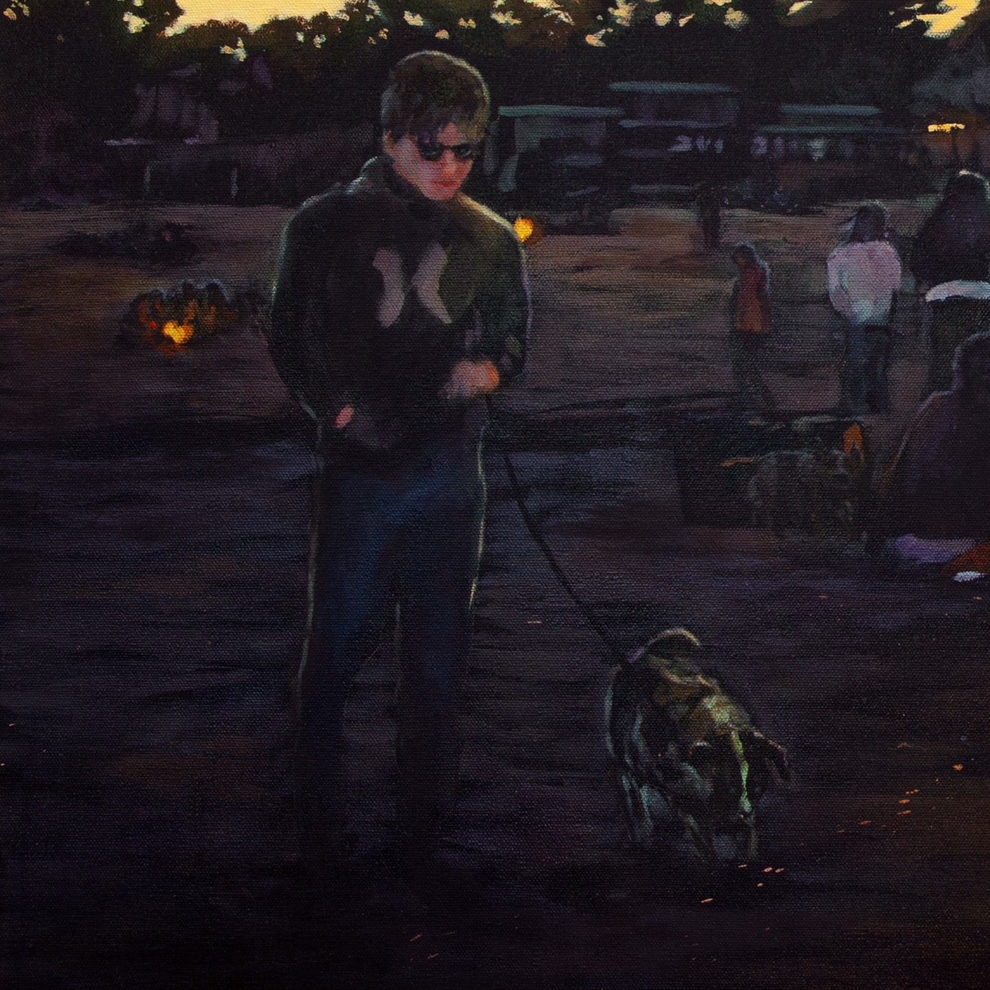 Close-up of boy walking a dog along Santa Cruz beach at dusk with deep blue and purple tones from Where the Night Begins, coastal sunset painting.