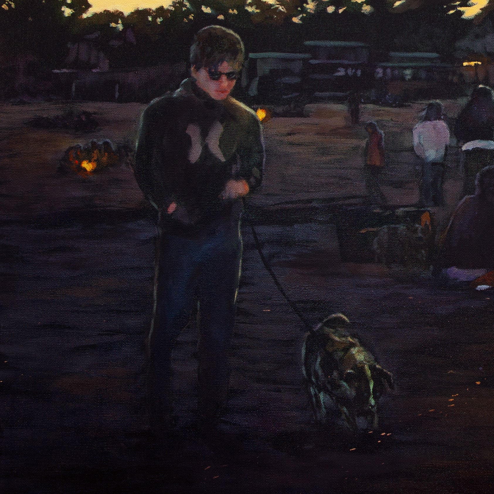 Close-up of boy walking a dog along Santa Cruz beach at dusk with deep blue and purple tones from Where the Night Begins, coastal sunset painting.