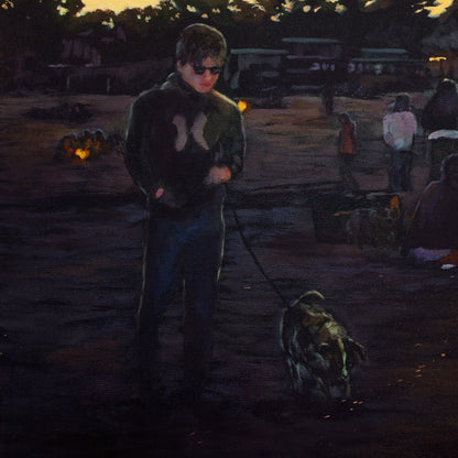 Close-up of boy walking a dog along Santa Cruz beach at dusk with deep blue and purple tones from Where the Night Begins, coastal sunset painting.