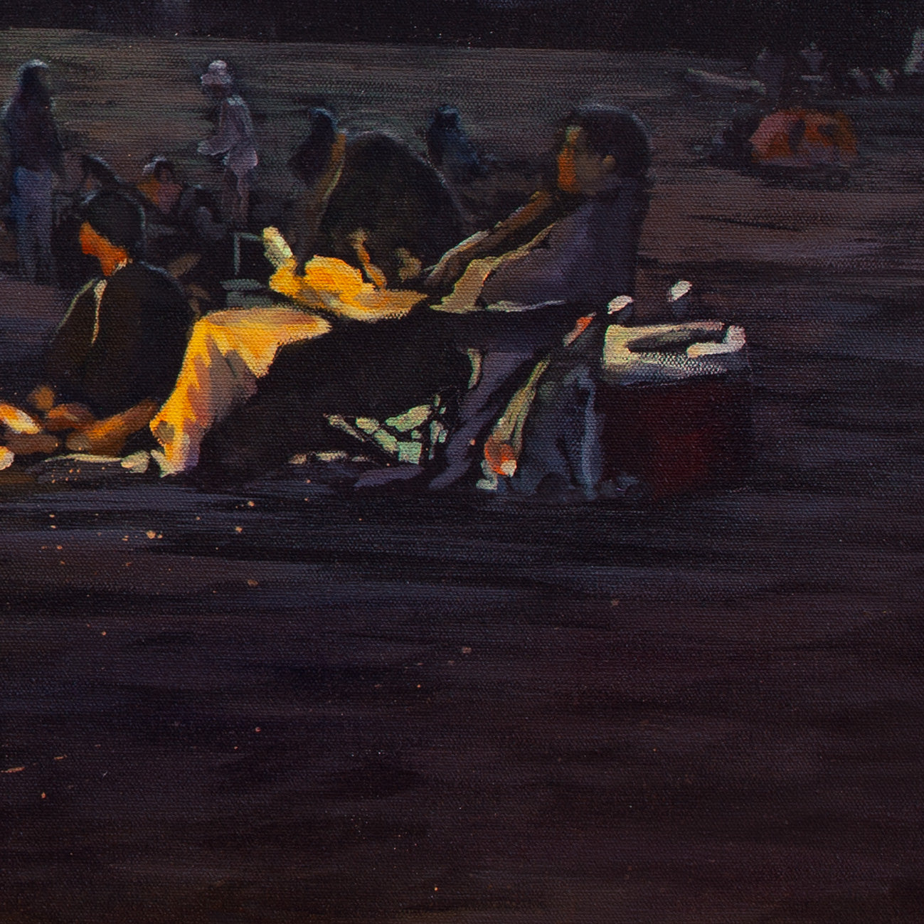 Detail of people sitting around glowing bonfire with warm orange reflections on sand from Where the Night Begins, Santa Cruz beach artwork.
