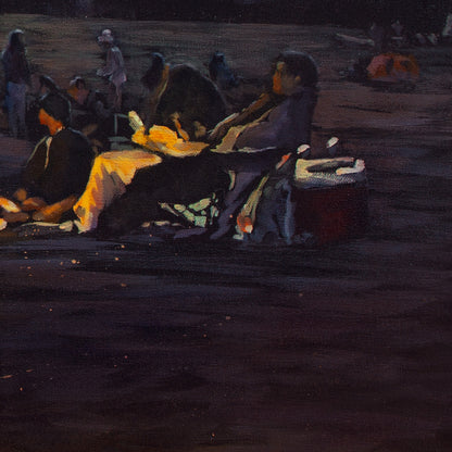Detail of people sitting around glowing bonfire with warm orange reflections on sand from Where the Night Begins, Santa Cruz beach artwork.