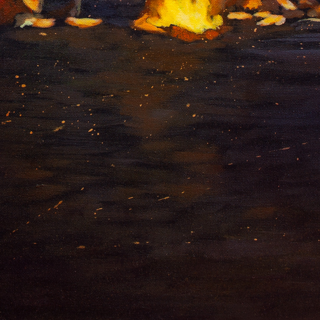 Close-up of firelight reflection glowing in wet sand with orange and gold hues from Where the Night Begins, California coastal painting.