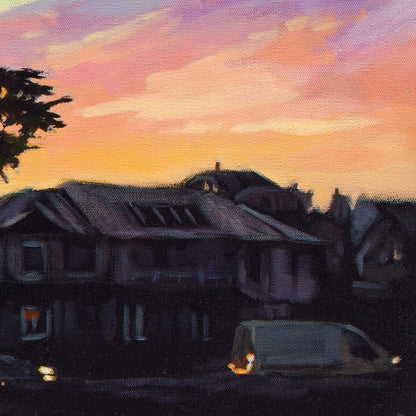 Detail of coastal house in soft blues and purples beneath glowing orange and pink sunset sky from Where the Night Begins, Santa Cruz artwork.