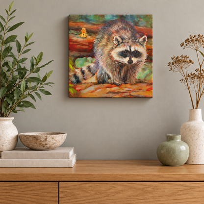 Original 10x10-inch wildlife oil painting by Martina Goulart featuring a curious raccoon and a tiny yellow rubber duck, displayed above a wooden cabinet with ceramic vases and greenery in a modern, neutral-toned interior.