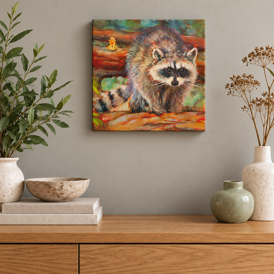 Original 10x10-inch wildlife oil painting by Martina Goulart featuring a curious raccoon and a tiny yellow rubber duck, displayed above a wooden cabinet with ceramic vases and greenery in a modern, neutral-toned interior.
