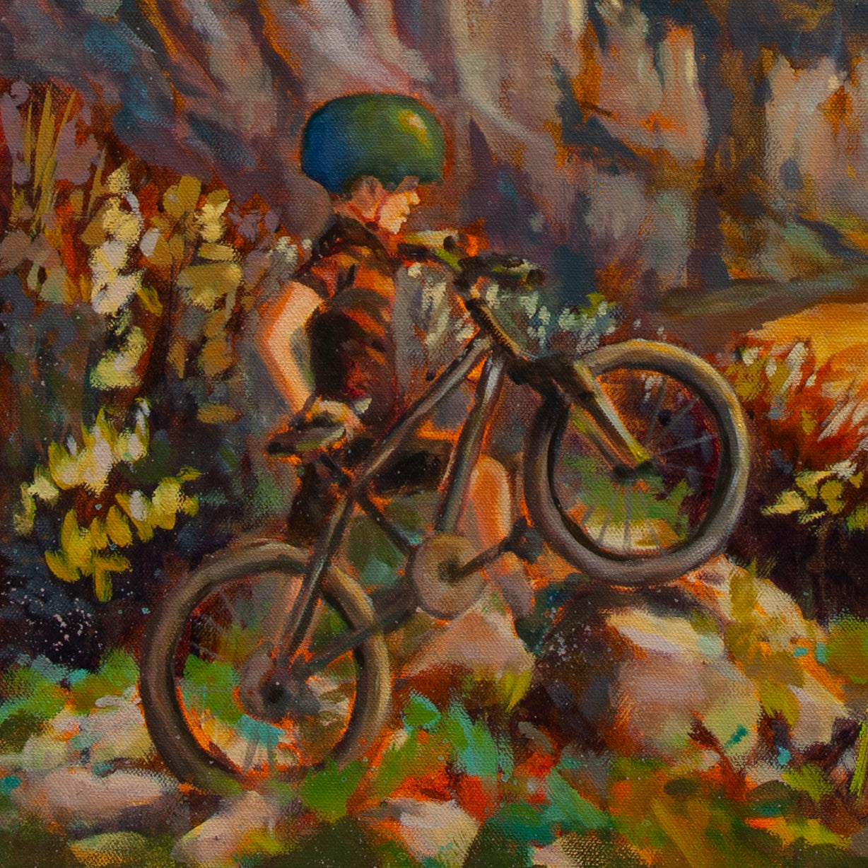Close-up of boy with blue helmet on bike, face lit by warm orange light, golden grass and yellow-orange bushes around from Wild and Earned.