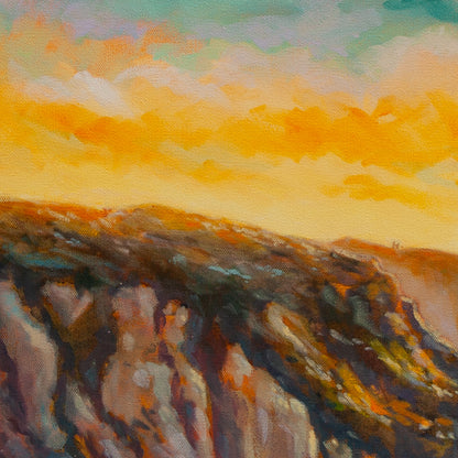 Detail of distant cliff glowing orange with soft purples and browns below under a golden sunset sky from Wild and Earned, coastal painting.
