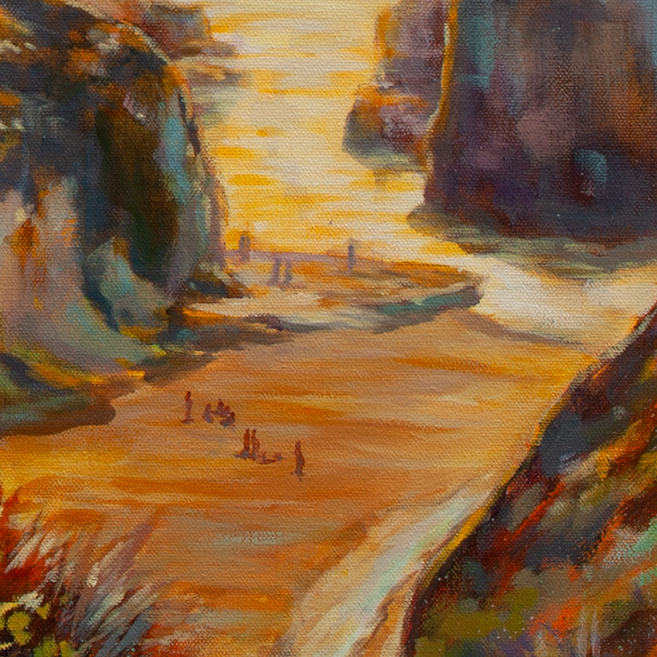 Close-up of Shark Fin Cove beach with small silhouettes of people in warm golden-orange tones framed by cliffs from Wild and Earned, ocean art.