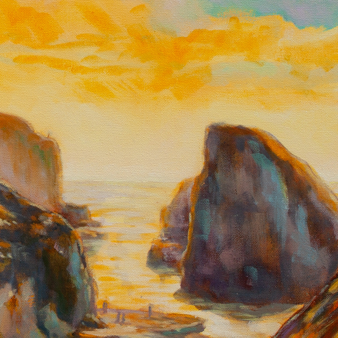 Detail of Shark Fin-shaped rock rising from blue-purple water with orange sunset highlights and warm glow from Wild and Earned, Santa Cruz art.