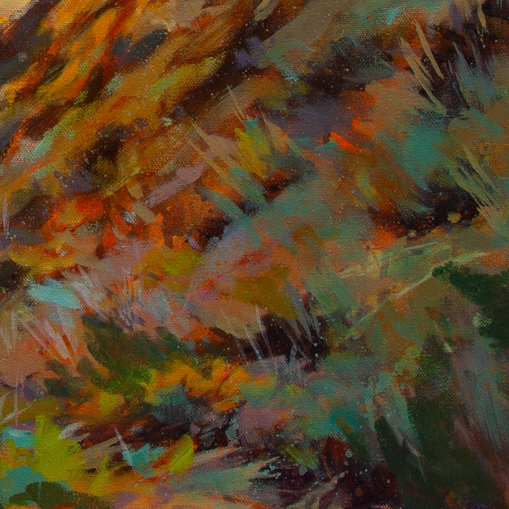 Close-up of hillside in golden brown, red, and blue-green tones with expressive brushstrokes from Wild and Earned, California coastal painting.