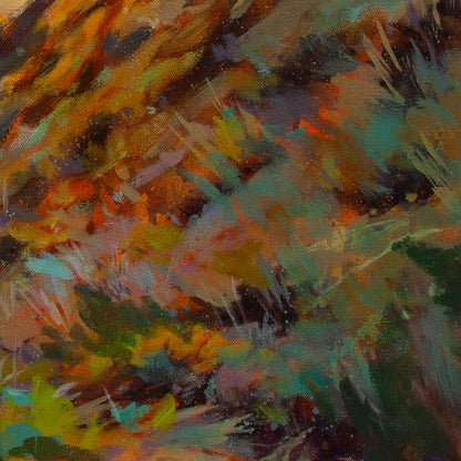 Close-up of hillside in golden brown, red, and blue-green tones with expressive brushstrokes from Wild and Earned, California coastal painting.
