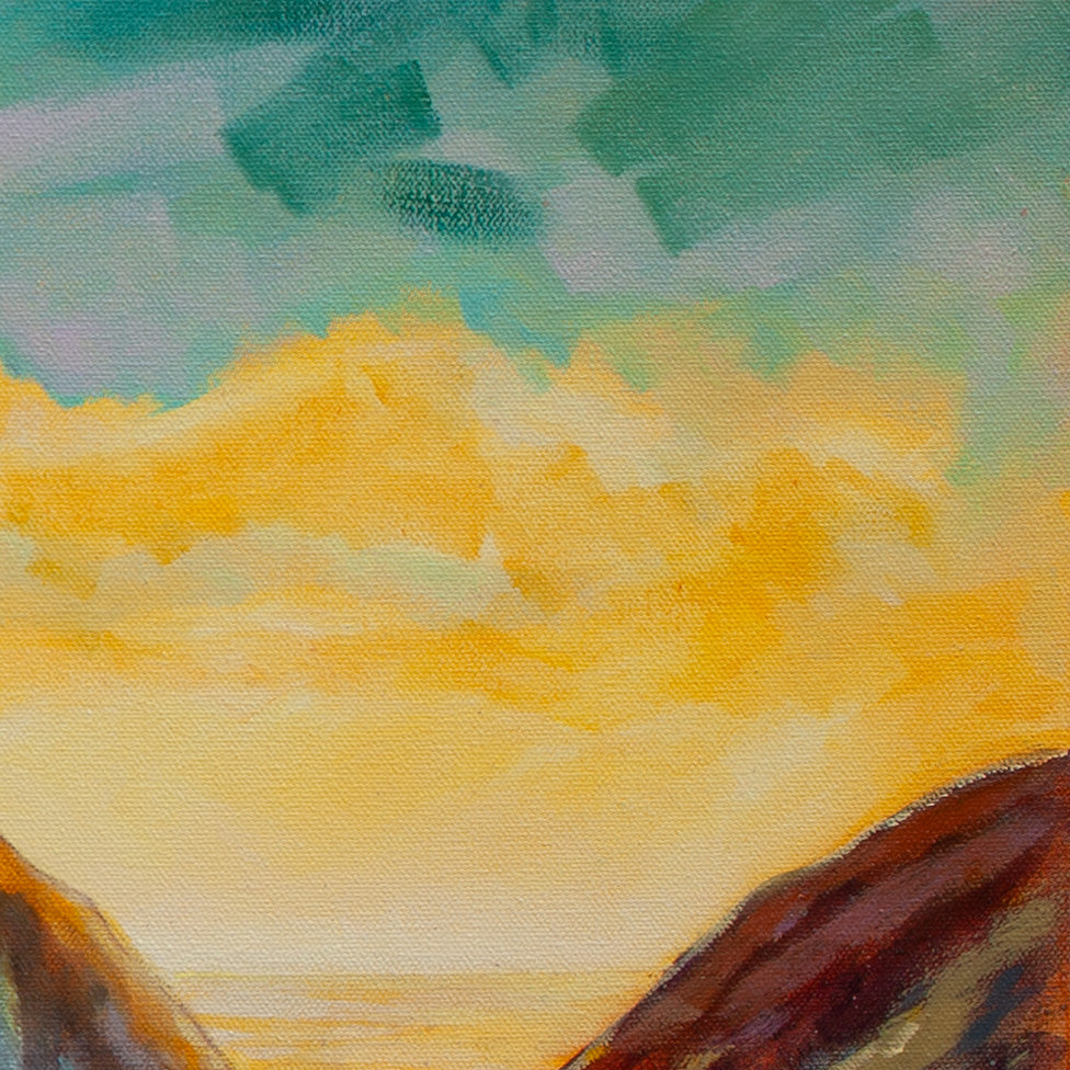 Detail of sunset sky fading from light yellow to orange and teal above from Wild and Earned, ocean cliff painting by Martina Goulart.