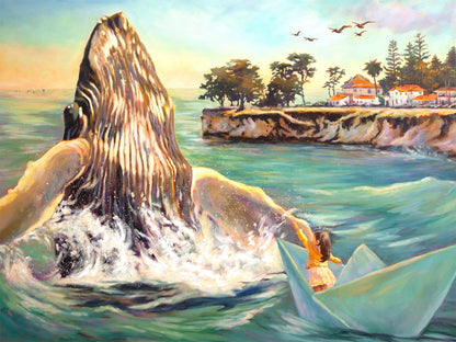 A symbolic painting of a girl in a paper boat reaching toward a breaching whale near the Santa Cruz cliffs, representing hope, courage, and possibility.