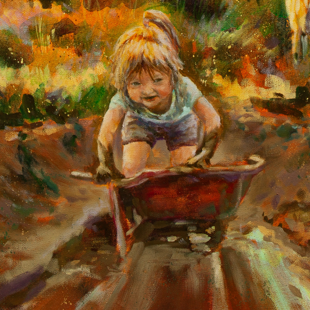 Close-up of blond girl in blue shirt pushing red wheelbarrow full of mud through sunny field from Working Hard, countryside painting by Martina Goulart.