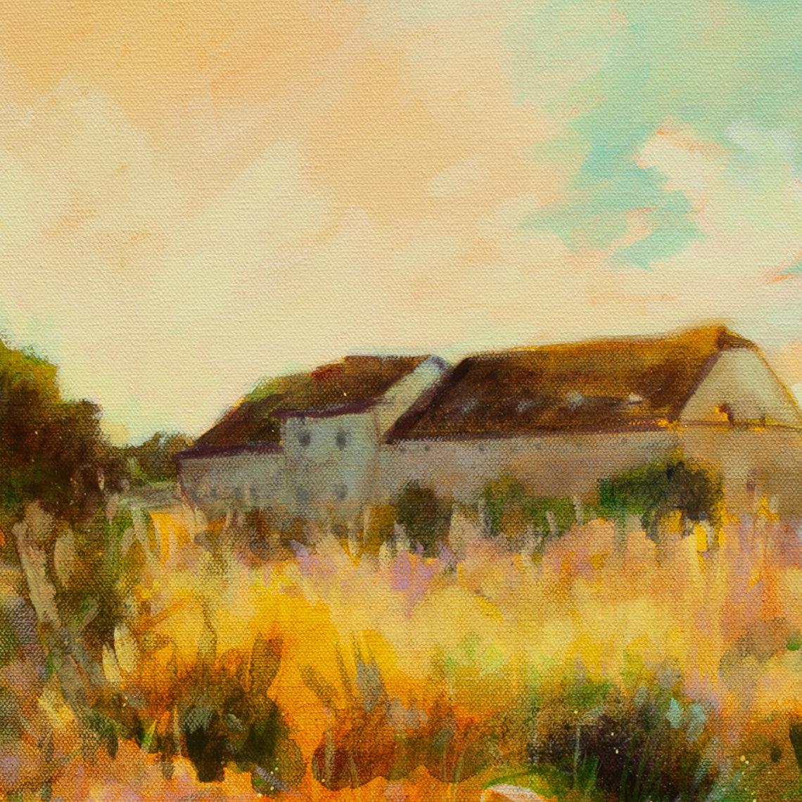 Detail of distant stone farmhouse with tall yellow grass and soft orange sky, expressive brushstrokes from Working Hard, rural landscape painting.