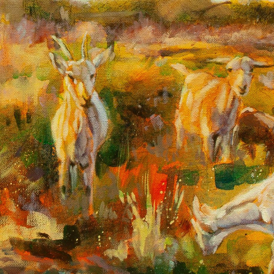 Close-up of goats grazing in golden grass with warm yellows, oranges, and greens from Working Hard, European countryside artwork.