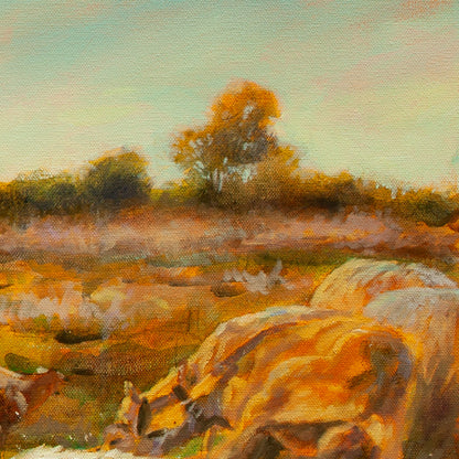 Detail of sheep grazing in golden light with soft oranges, greens, and warm blue sky from Working Hard, pastoral memory painting.