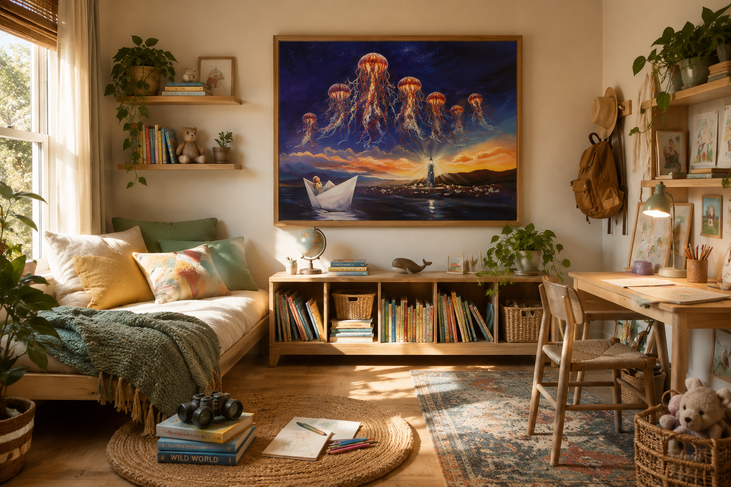 Art print displayed in a warm, creative children's room with books, art supplies, plants, and space for imagination and exploration.