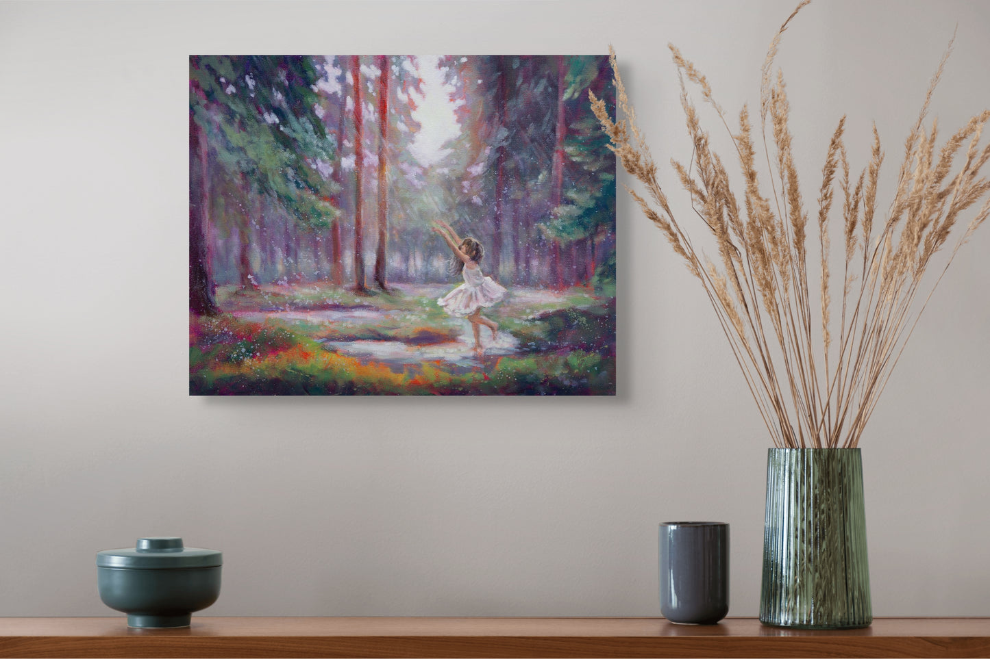 Painting of a balerina dancing in a rain in a forest.