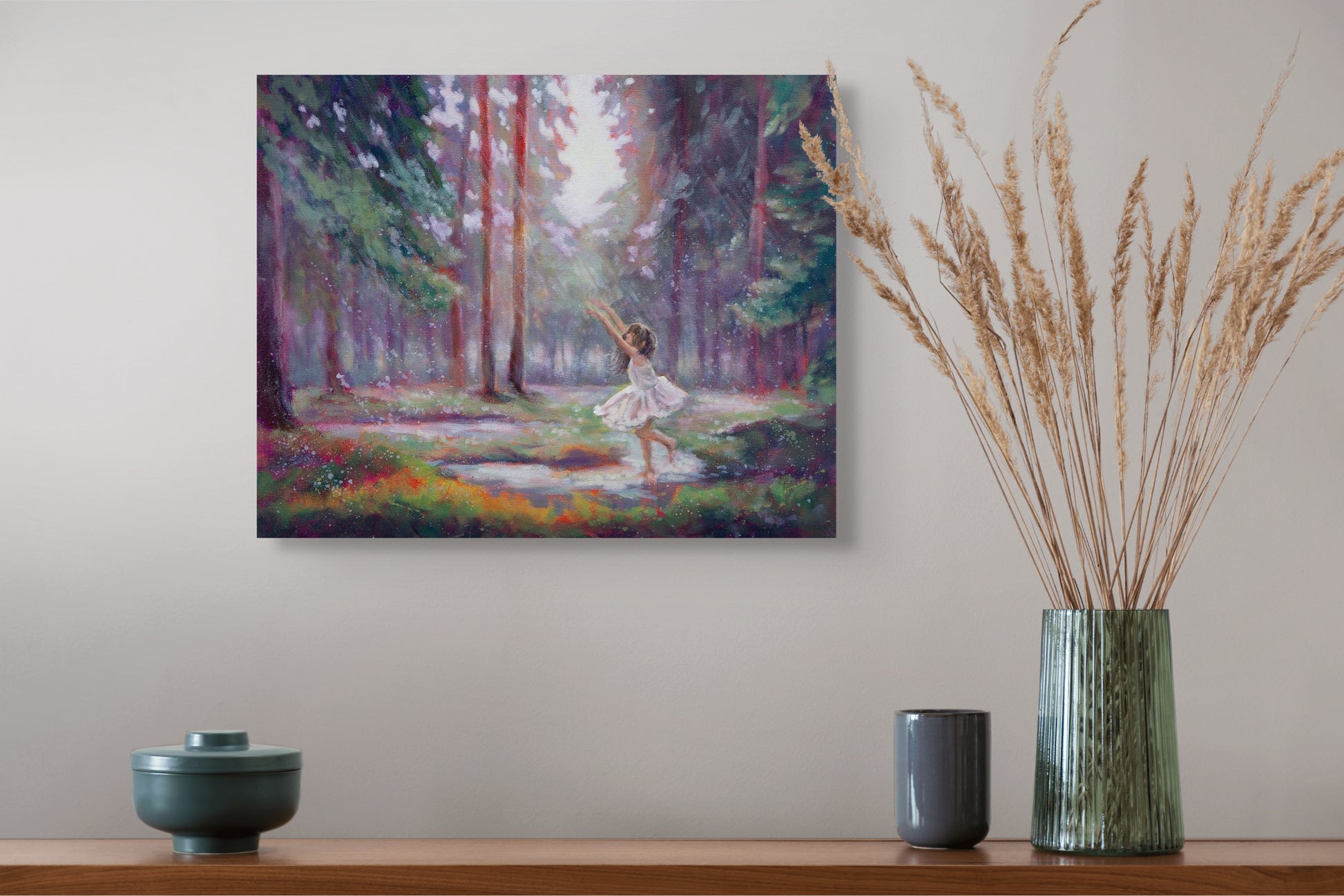 Painting of a balerina dancing in a rain in a forest.