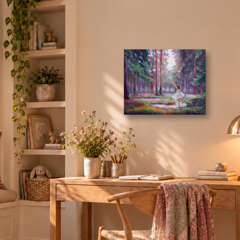 Before We Learnt to Hesitate art print displayed above a natural wood desk in a cozy girl's room with warm sunlight, soft pink accents, and plants, featuring a young girl dancing barefoot in a colorful redwood forest.