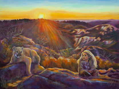 Original painting of a girl sitting on a rock beside a mountain lion at sunset with hills and ocean in the distance, warm orange and purple tones.