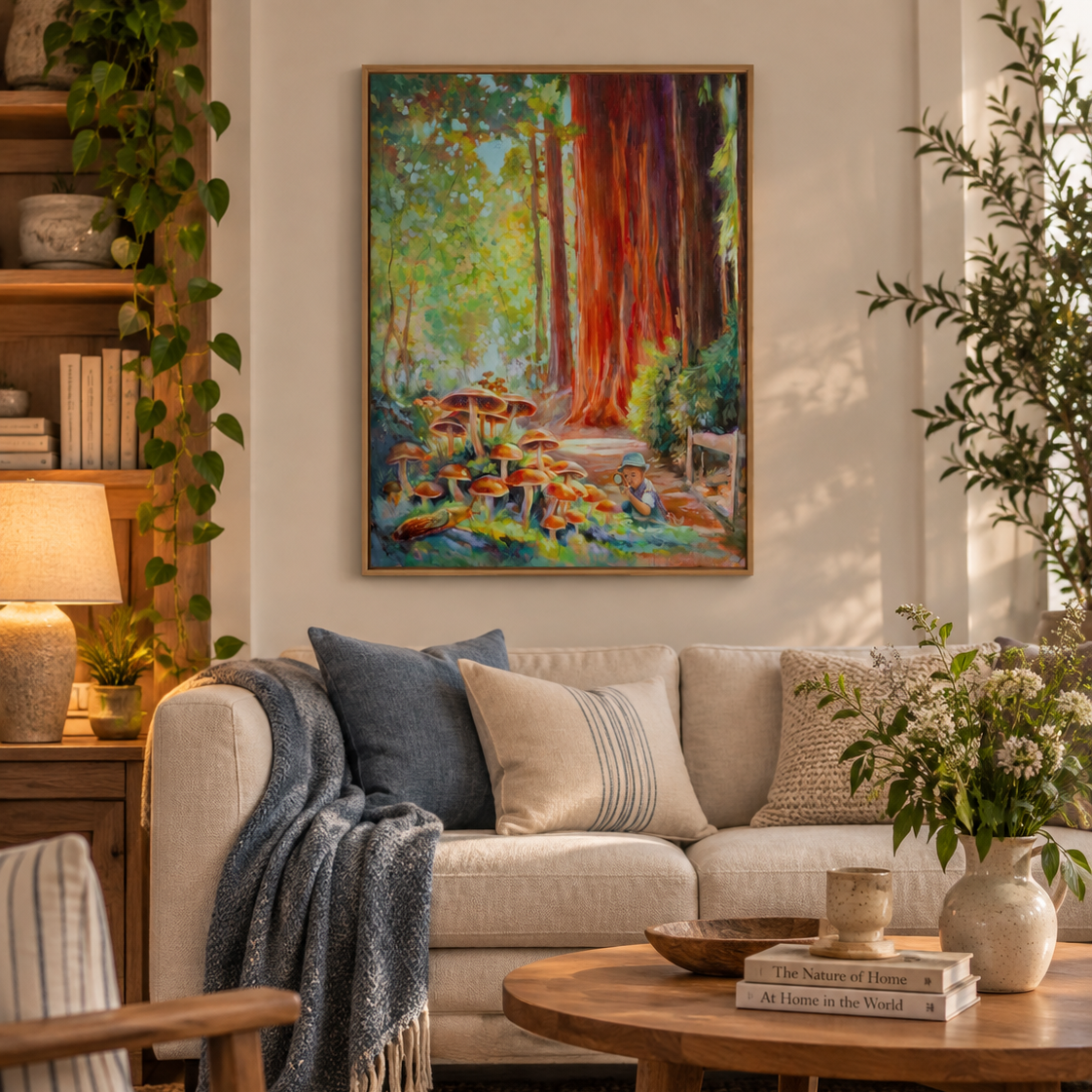 Beneath the Redwoods art print displayed in a warm neutral living room with natural wood and blue accents, featuring a child exploring giant redwoods and mushrooms in a California forest.
