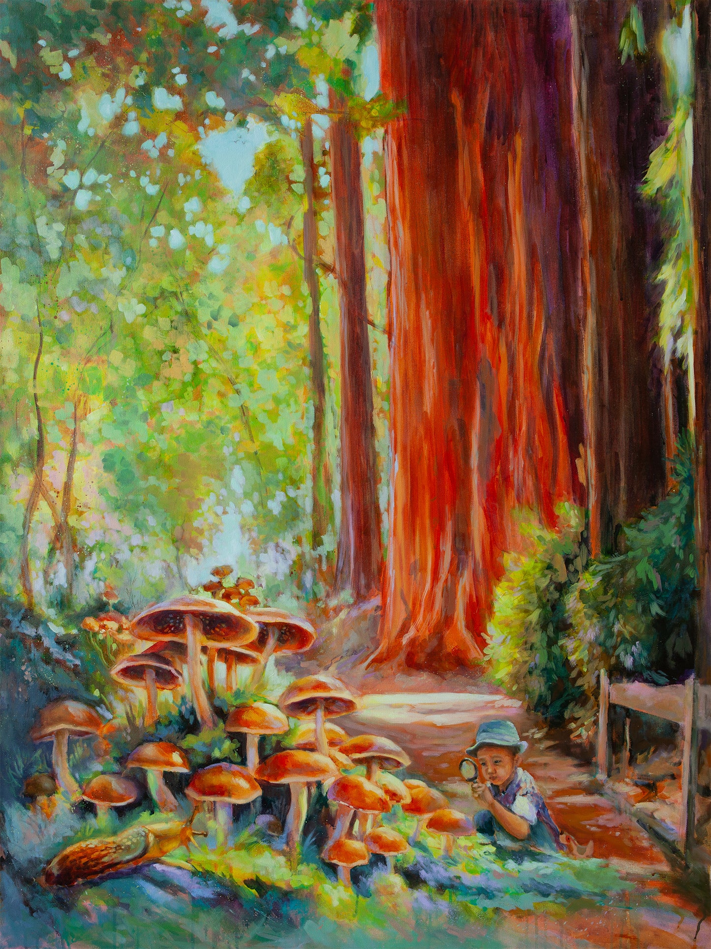 Original painting of boy in blue hat studying mushrooms and banana slug beneath towering redwoods in Henry Cowell forest, warm orange and green tones.