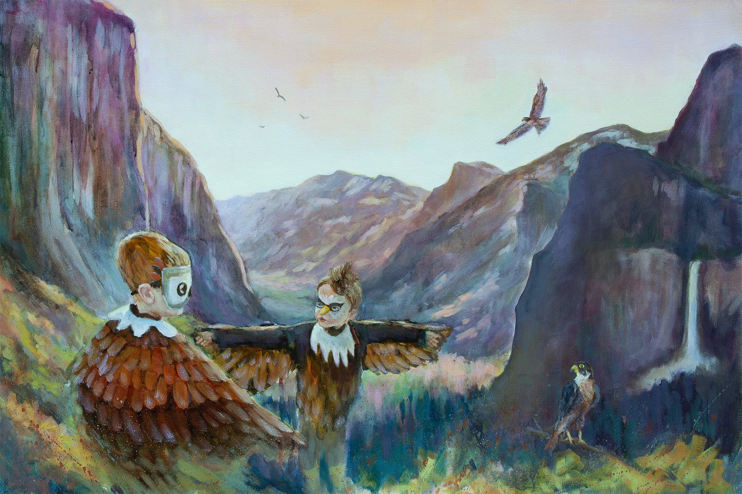 TOriginal painting of two boys in bird costumes playing on a Yosemite overlook with falcons flying above and El Capitan and Half Dome in the distance.