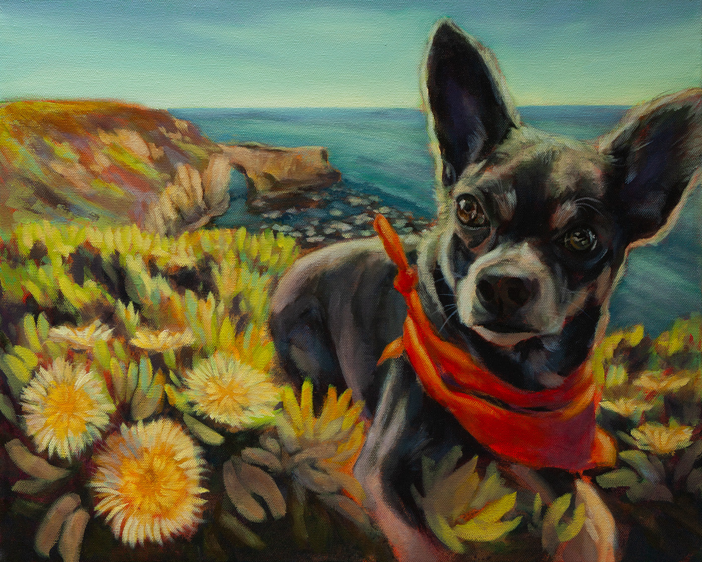Original painting of a small dog with a red scarf sitting among cliffside flowers on West Cliff Drive in Santa Cruz, coastal artwork by Martina Goulart.