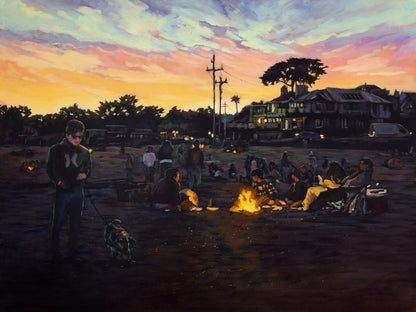 Original painting of Santa Cruz beach at sunset with people gathered around bonfires, orange and purple sky, ocean reflections, and a walking figure with dog.