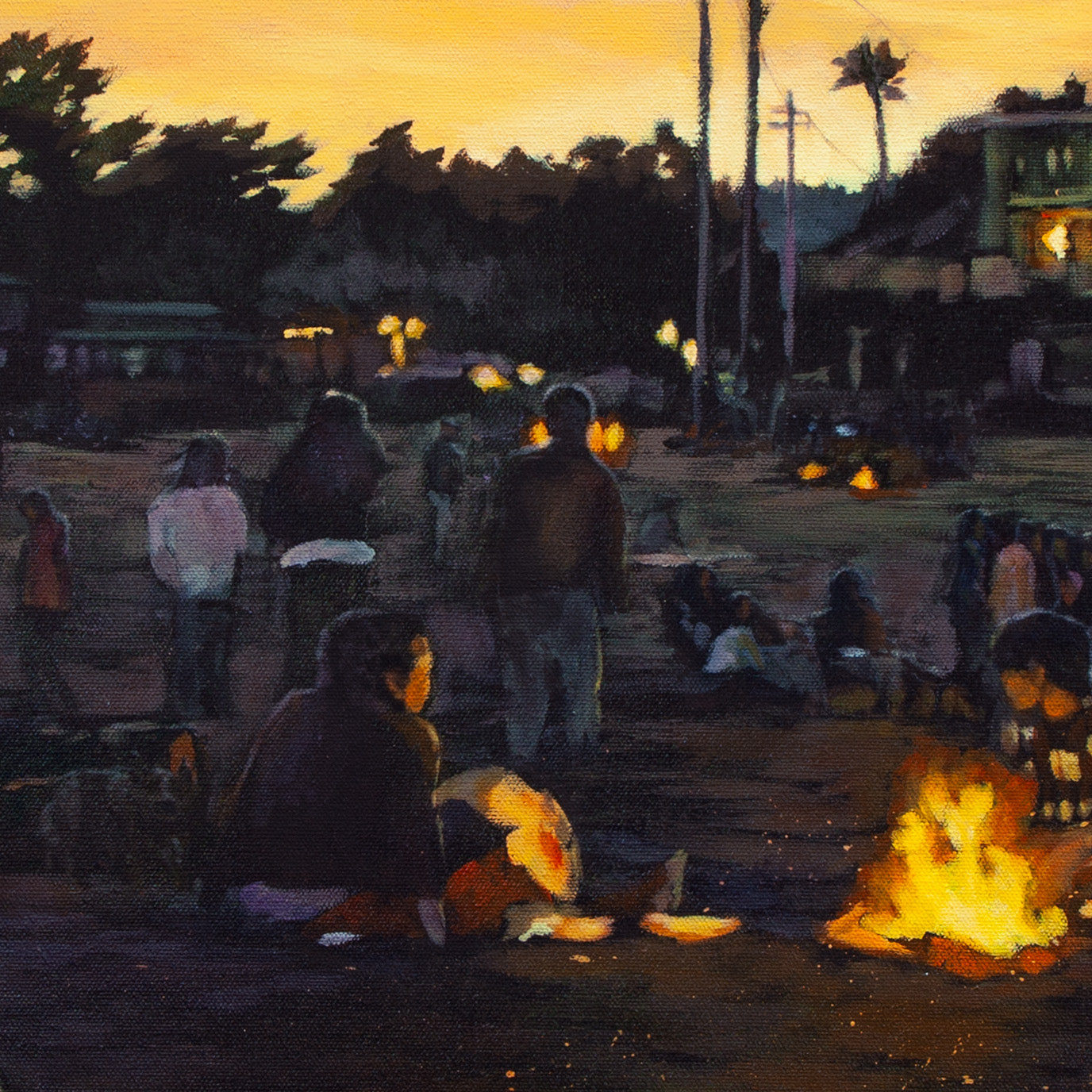 Original painting of people gathered around campfires on a beach at sunset, with warm gray, orange, and yellow tones.
