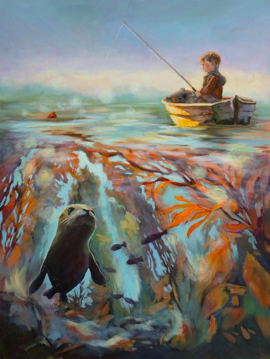 Oil painting showing a boy fishing in a small boat above an underwater scene with a seal swimming through kelp, symbolizing courage, curiosity, and quiet determination.