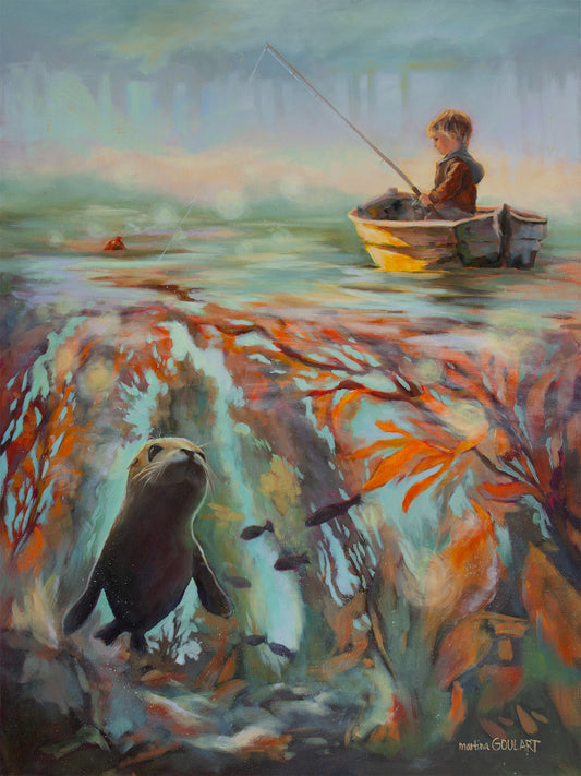 Oil painting showing a boy fishing in a small boat above an underwater scene with a seal swimming through kelp, symbolizing courage, curiosity, and quiet determination.