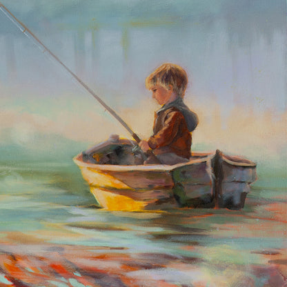 Close-up of a young boy sitting in a small yellow rowboat, holding a fishing pole in soft morning light with pastel sky behind him.