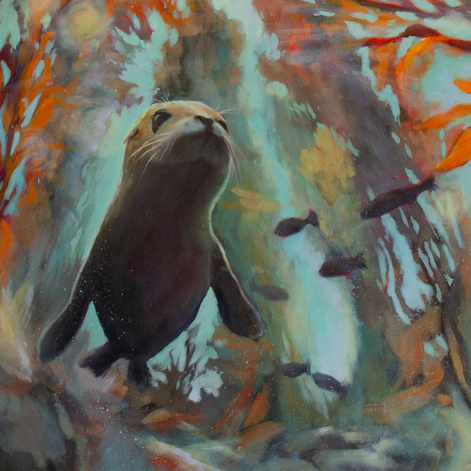 Close-up of a seal swimming upward through a glowing kelp forest, with soft turquoise light and small fish around it.