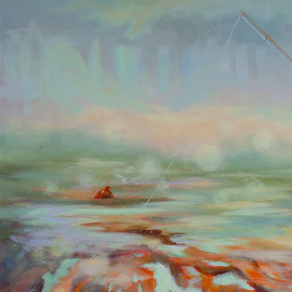 Close-up of shimmering water with soft pastel reflections and hints of the kelp forest glowing beneath the surface.