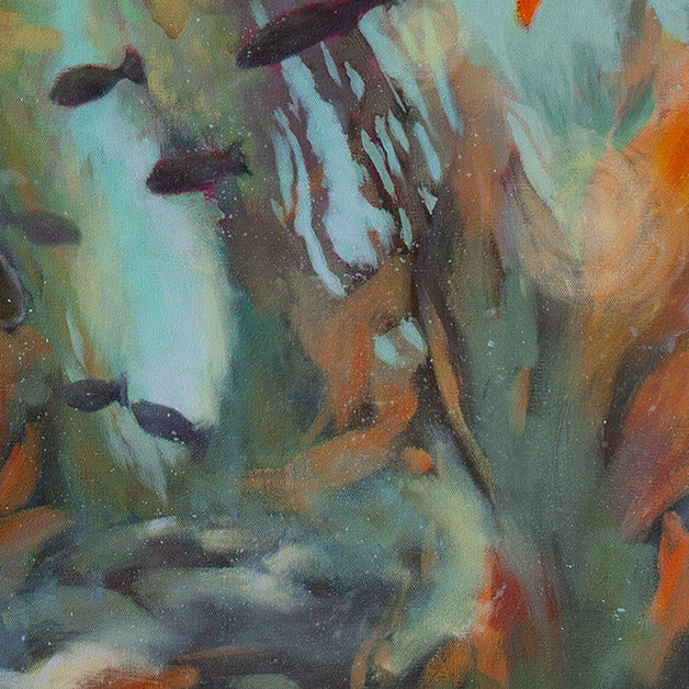 Abstract close-up of the darker kelp forest with blended green, teal, and warm orange brushstrokes.