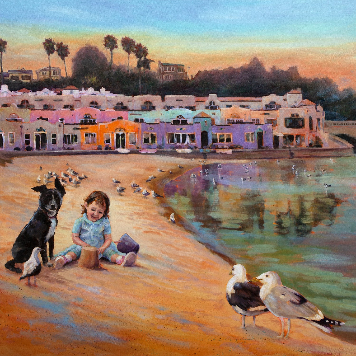 Child and dog sitting on Capitola Beach with colorful seaside buildings across the water in The Simple Hour by Martina Goulart.
