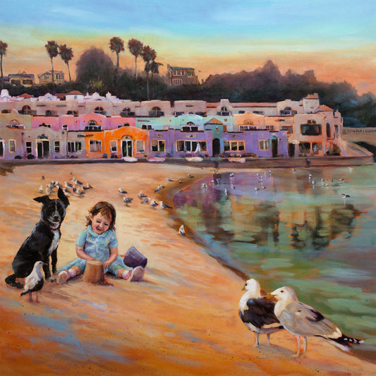 girl playing in sand with dog on Capitola Beach, colorful seaside houses, seagulls and calm water, original oil painting