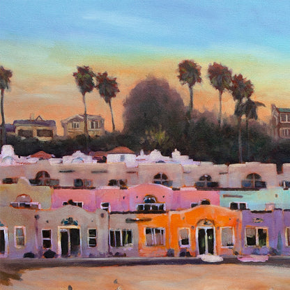 colorful Capitola beach houses with palm trees at sunset, coastal California village, oil painting detail