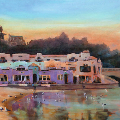 Capitola village reflected in calm water at sunset, pastel seaside homes, coastal oil painting detail