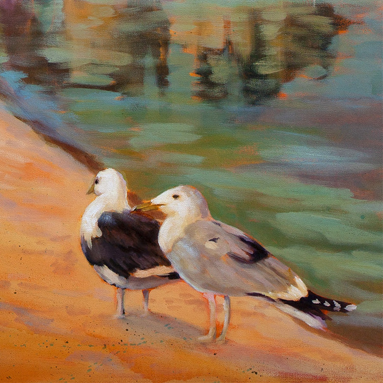 seagulls standing on sandy shoreline near water, soft reflections and coastal light, oil painting detail