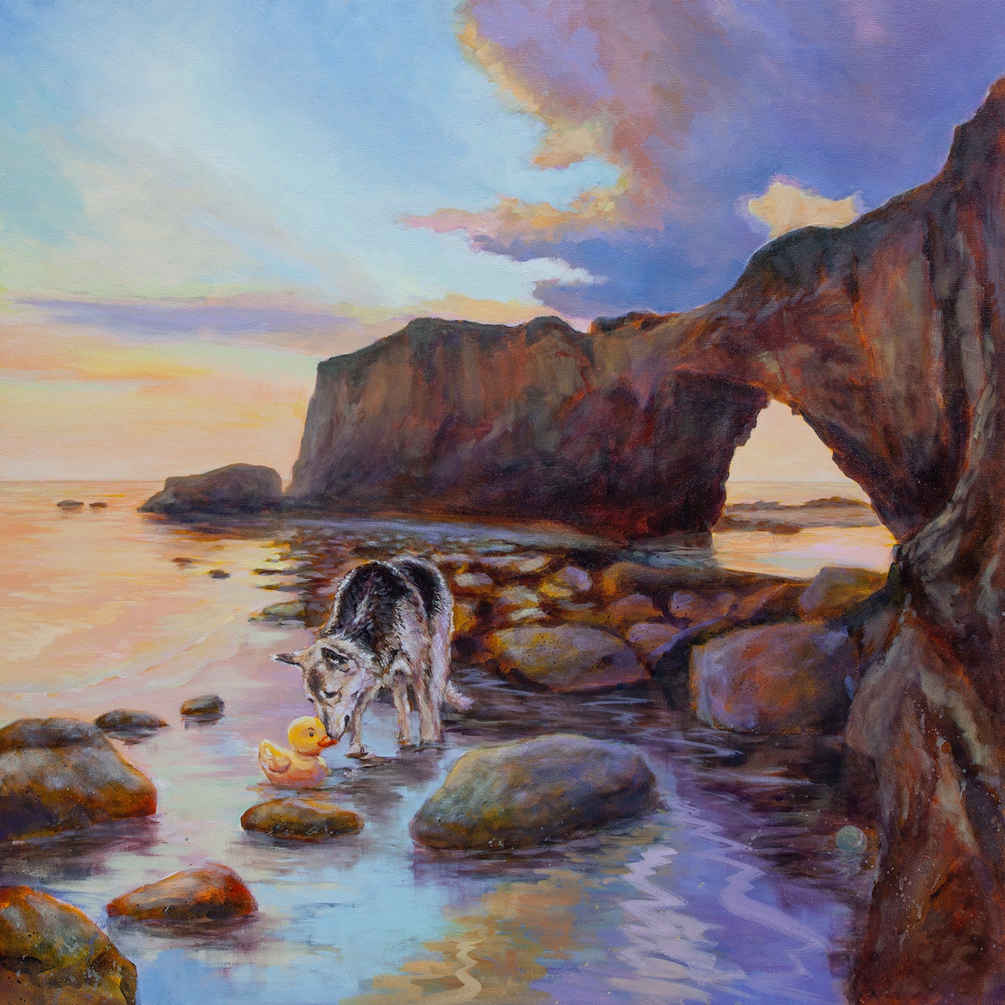 Original painting of a dog sniffing a yellow rubber duck near a rock arch at sunset on Santa Cruz Dog Beach, warm orange sky and ocean reflections.