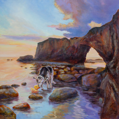 Original painting of a dog sniffing a yellow rubber duck near a rock arch at sunset on Santa Cruz Dog Beach, warm orange sky and ocean reflections.
