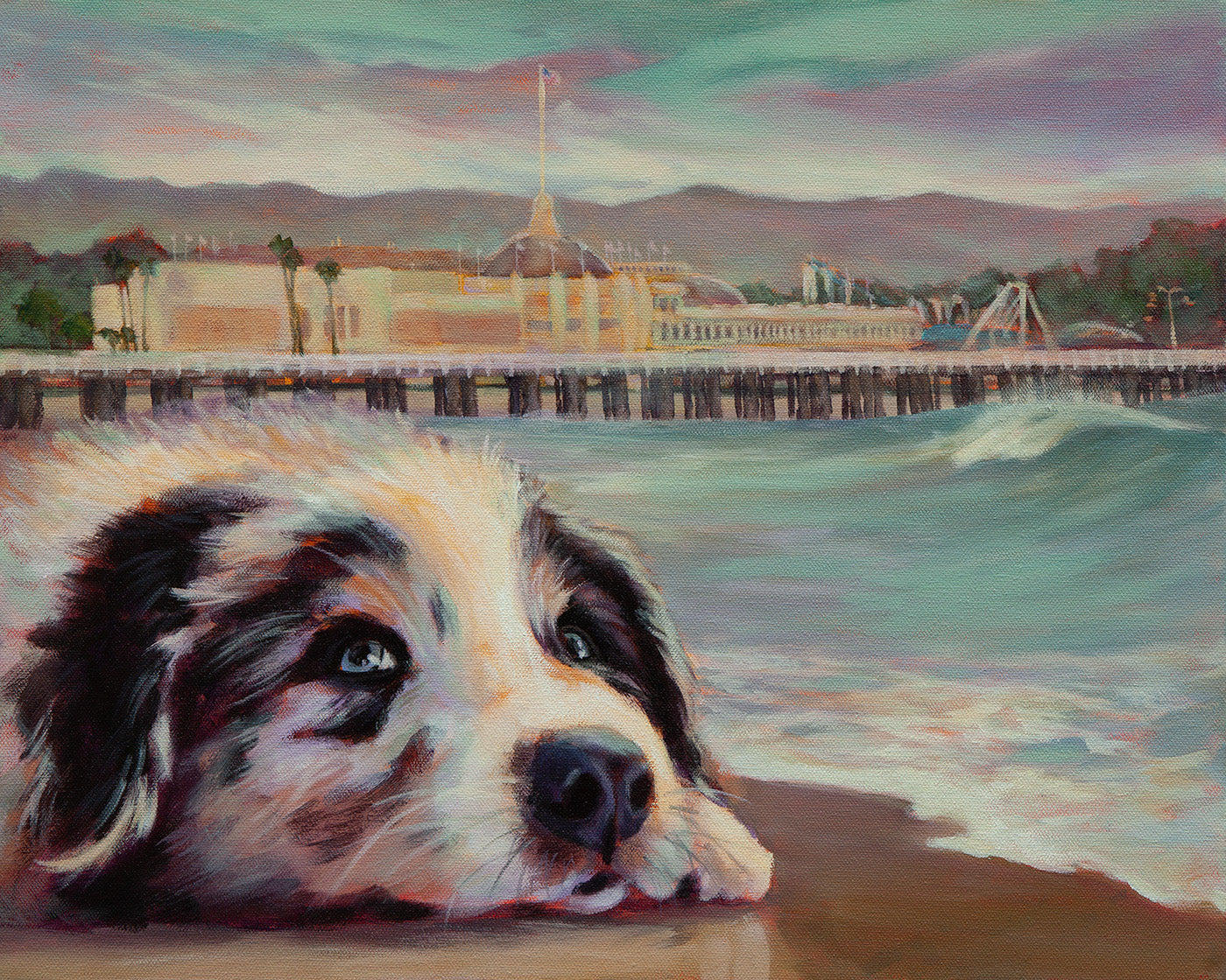 Original painting of a dog on the beach near the Santa Cruz Boardwalk in teal, brown, yellow, and green tones, coastal artwork by Martina Goulart.