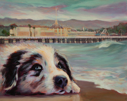 Original painting of a dog on the beach near the Santa Cruz Boardwalk in teal, brown, yellow, and green tones, coastal artwork by Martina Goulart.